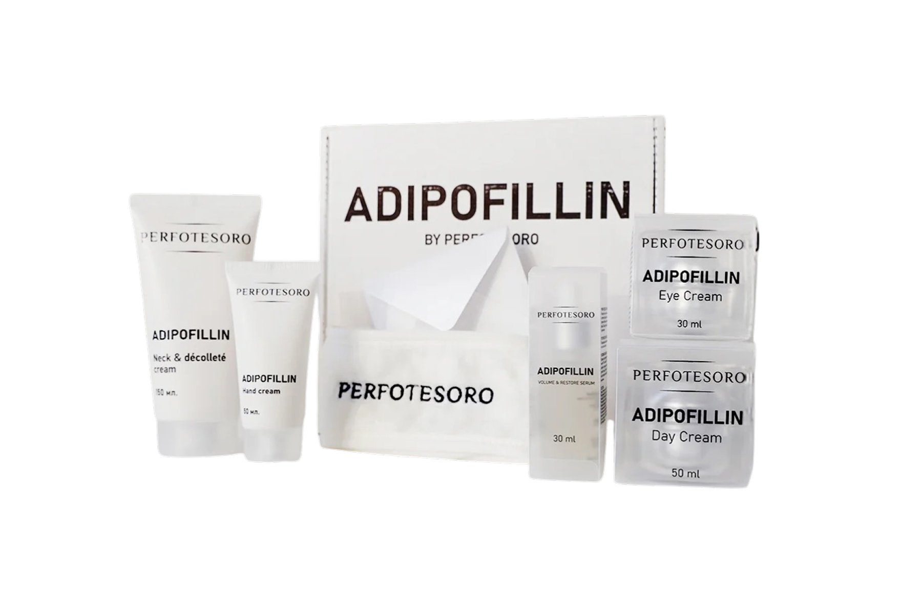 Набор восстановление ADIPOFILLIN, (крем д/лица, крем д/глаз, крем/шеи, сыворотка, крем д/рук, повязк